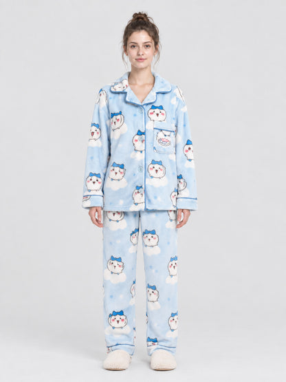 Flannel Pajama Set with Cartoon Print