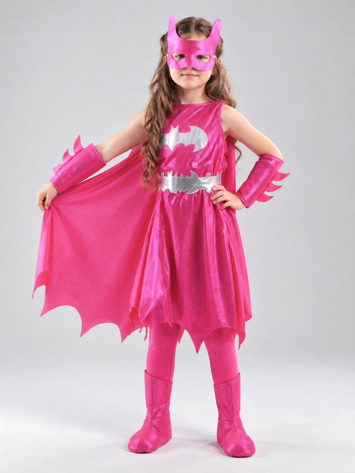 Children’s superhero costume with mask and cape on-model view
