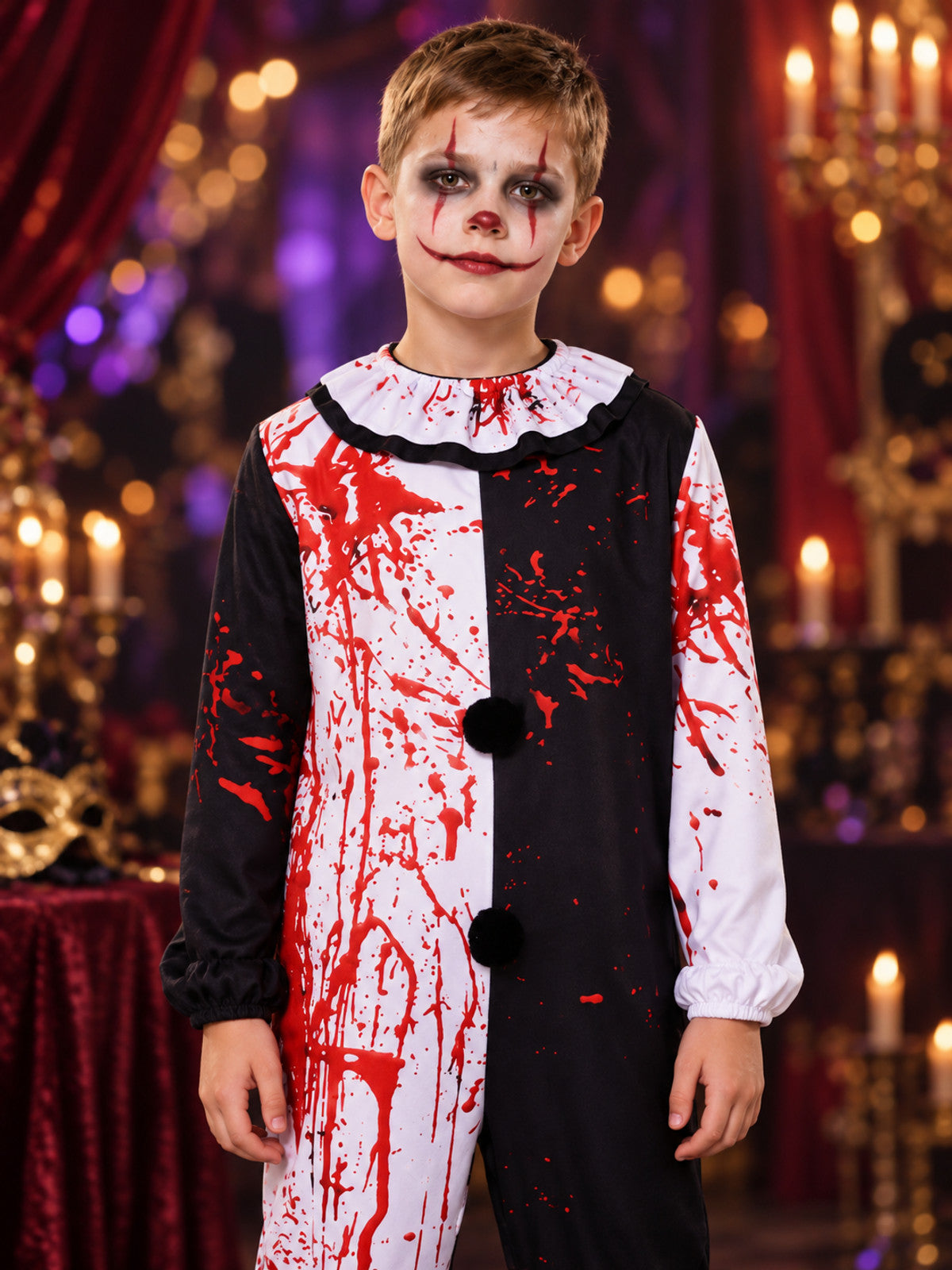 Black-and-white clown costume with red stains and pom-poms