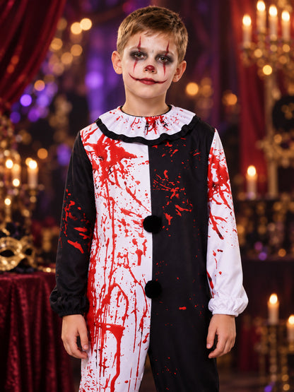 Black-and-white clown costume with red stains and pom-poms