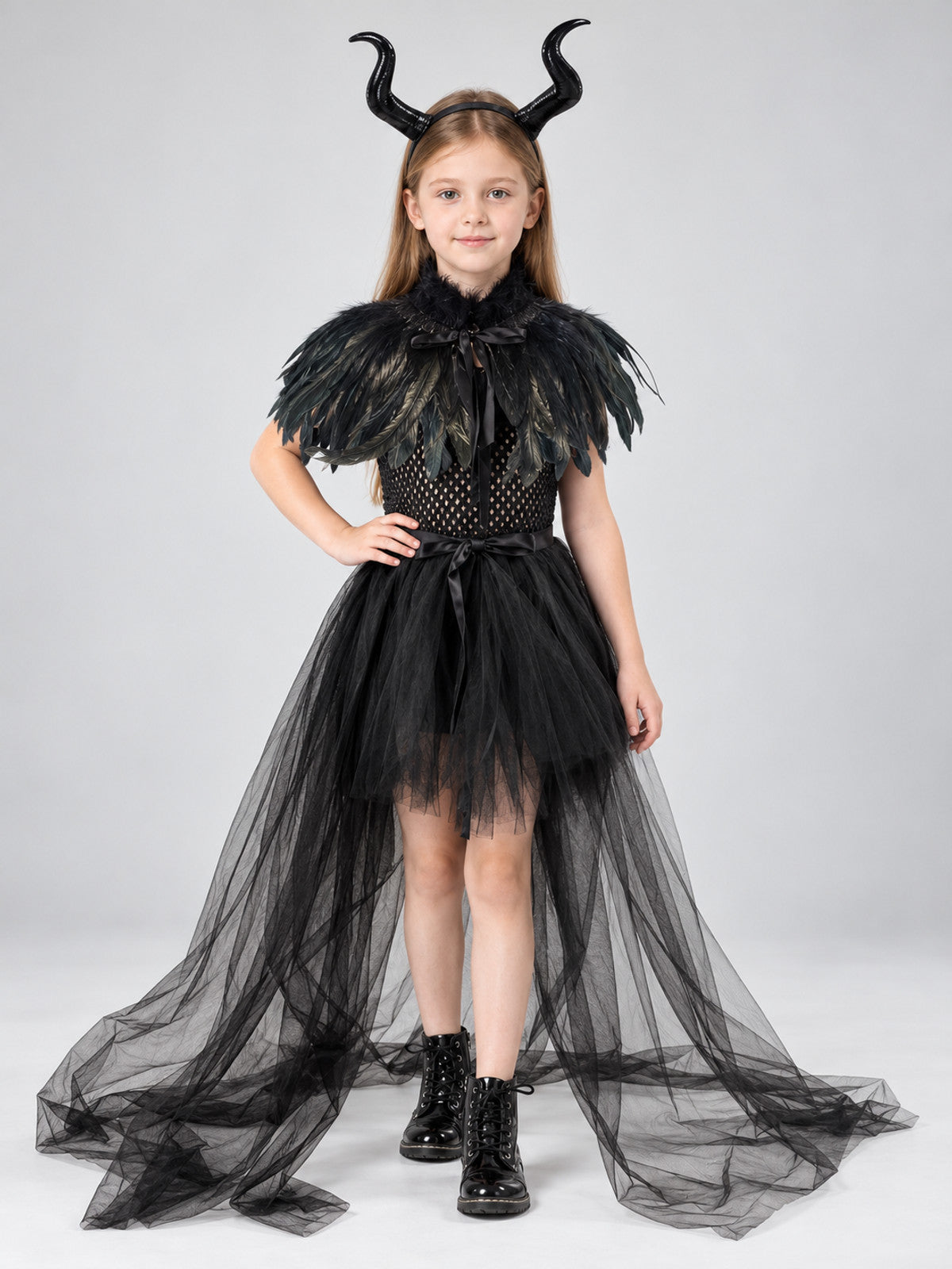 Kids' Witch Costume Black with Feathers and Mesh