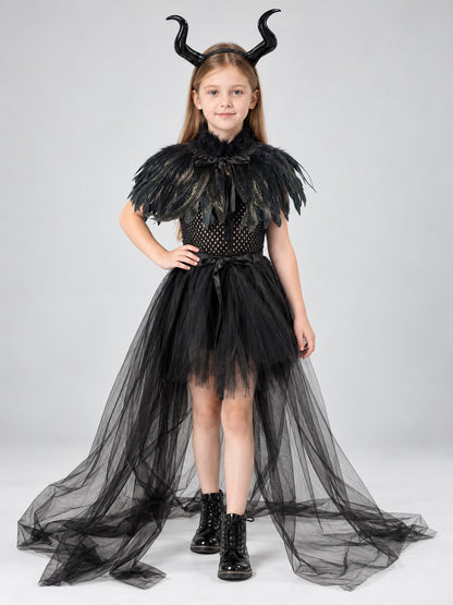 Kids' Witch Costume Black with Feathers and Mesh