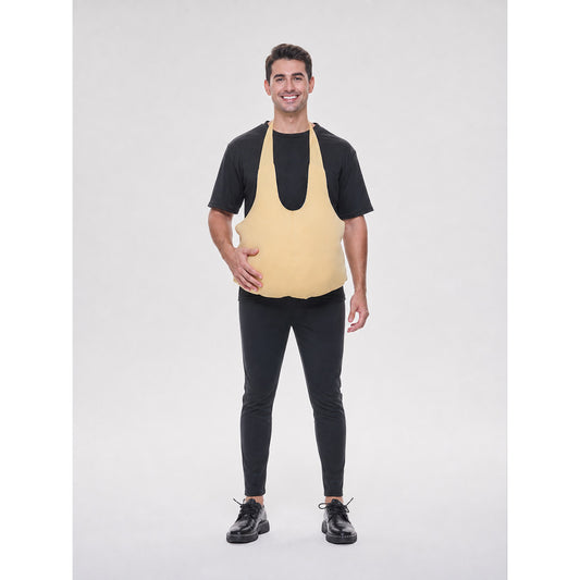 Wearable fake belly costume accessory with a large rounded shape. The model has a bib-style front panel, two shoulder straps, and side ties for fastening. The smooth solid-color surface comes in a light beige or beige shade, so the accessor