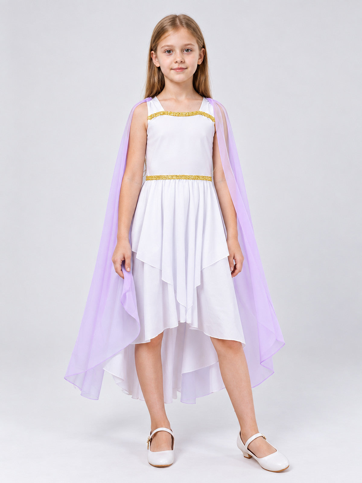 White Ancient Greek Style Dress with Lilac Cape