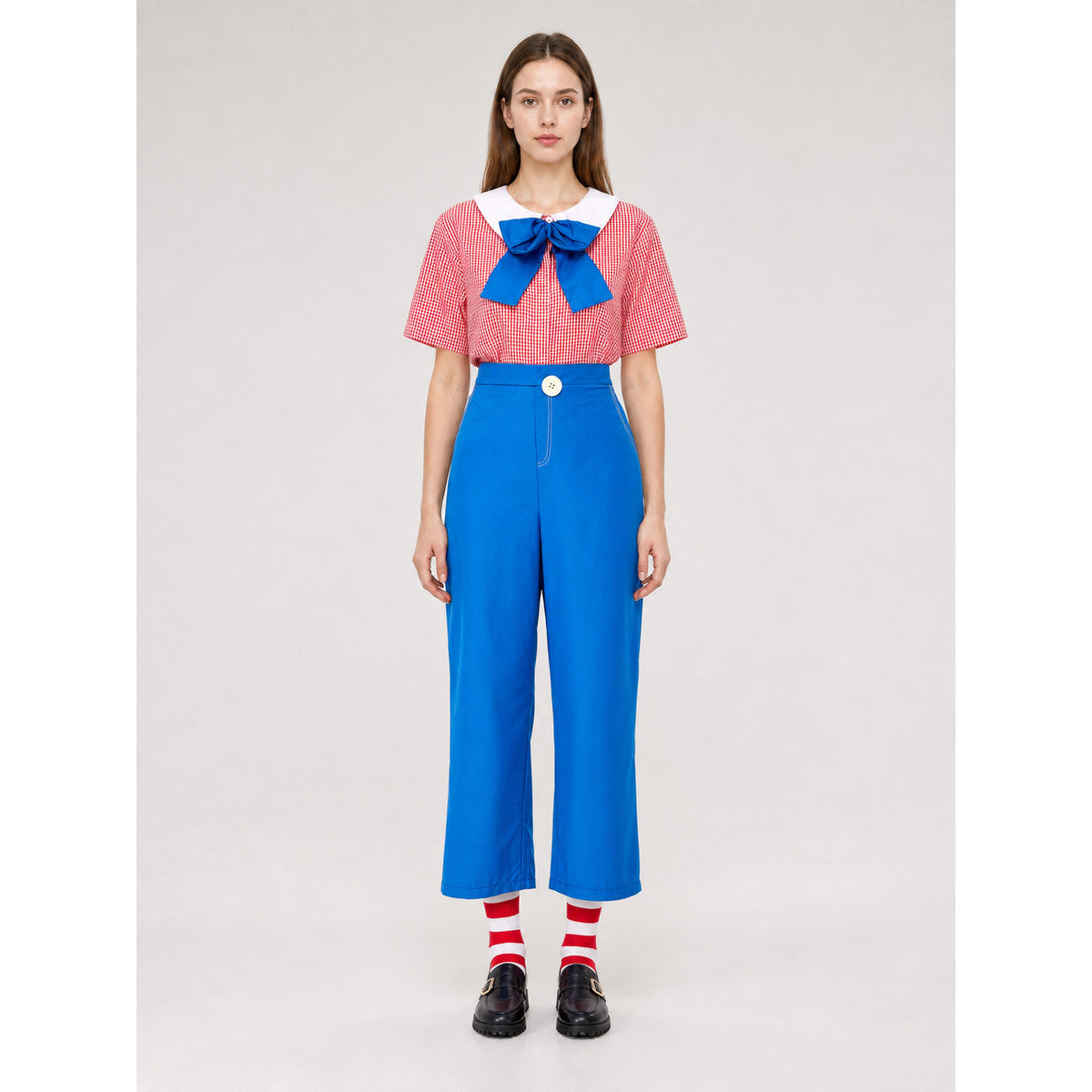 Red-and-white Checkered Clown Costume with Blue Pants on-model view