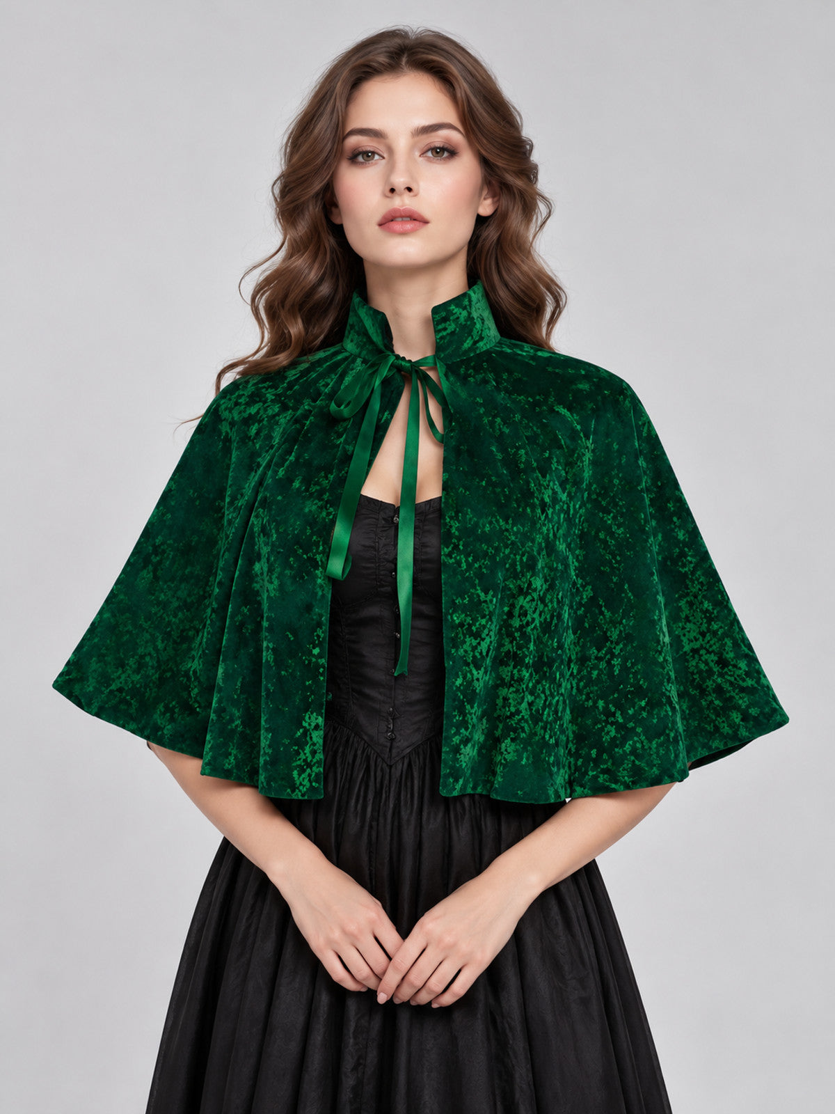 Green Velvet Capelet with Stand Collar