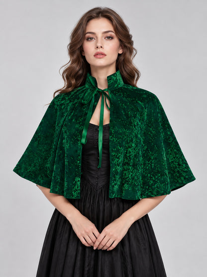 Green Velvet Capelet with Stand Collar