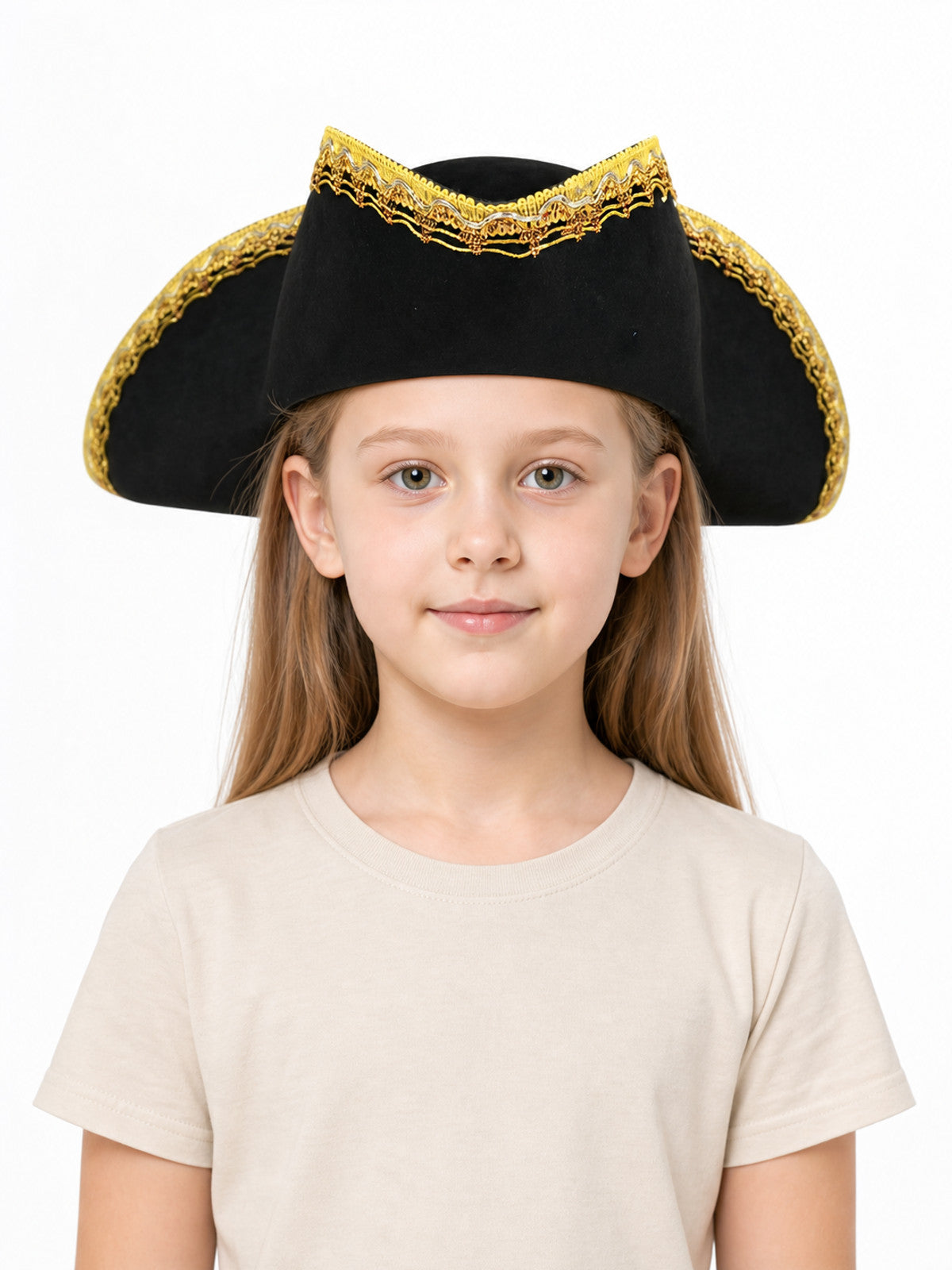 Black fabric pirate hat with gold trim shown front-facing on a child model