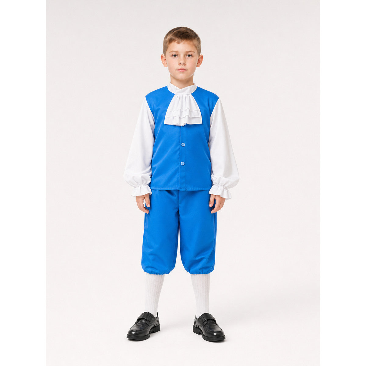 Boy wearing the blue pirate captain costume: blue button vest with white puffy sleeves, white ruffled jabot and blue breeches, front view