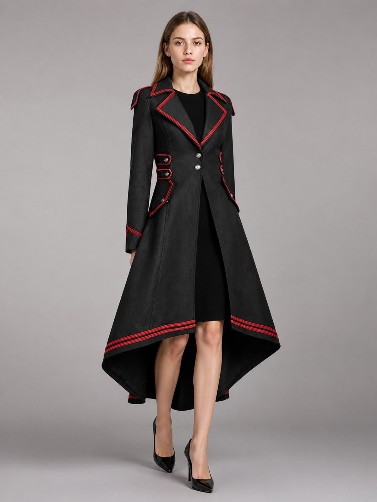 Black Carnival Cloak with Red Trim front view