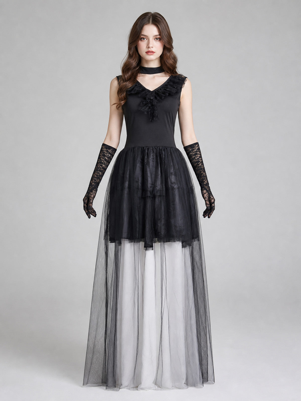 Black Gothic-Style Dress with Veil and Gloves front view