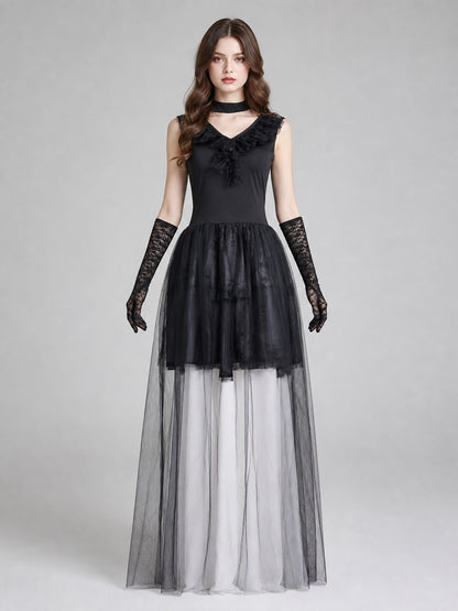 Black Gothic-Style Dress with Veil and Gloves front view