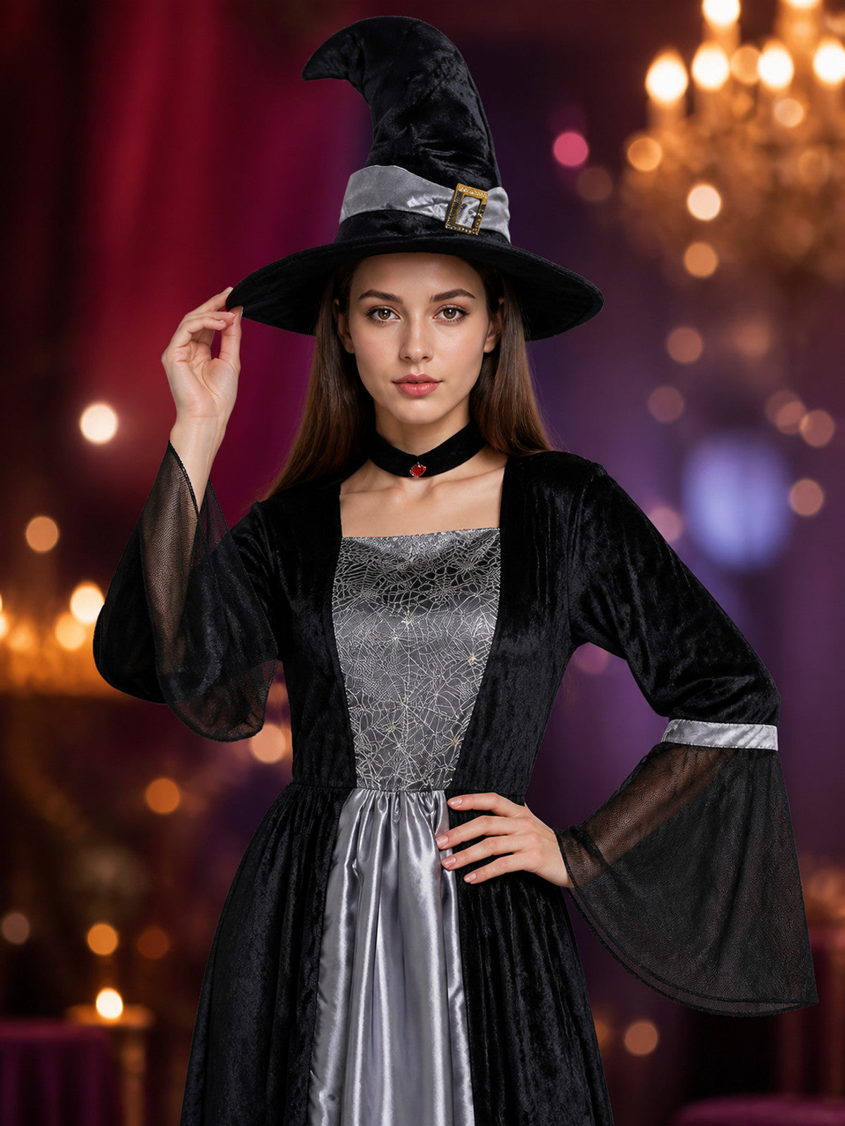 Women's Witch Costume Set - Black Long Dress with Sheer Sleeves, Spiderweb on-model view