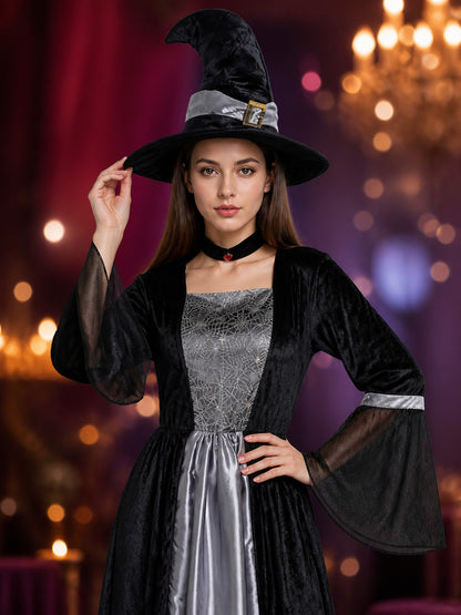 Women's Witch Costume Set - Black Long Dress with Sheer Sleeves, Spiderweb on-model view
