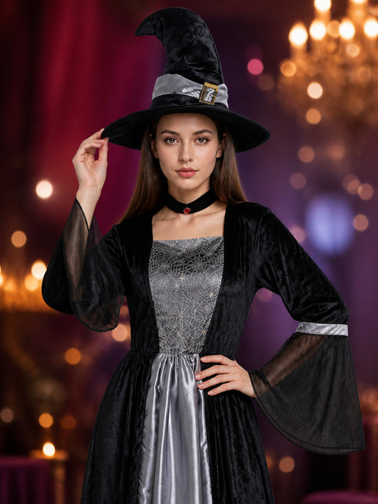 Women's Witch Costume Set - Black Long Dress with Sheer Sleeves, Spiderweb on-model view