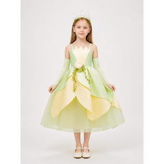 Girls' Princess Costume – Cream Yellow & Green Petal Ball Gown Dress with Flower Headband & Arm Sleeves