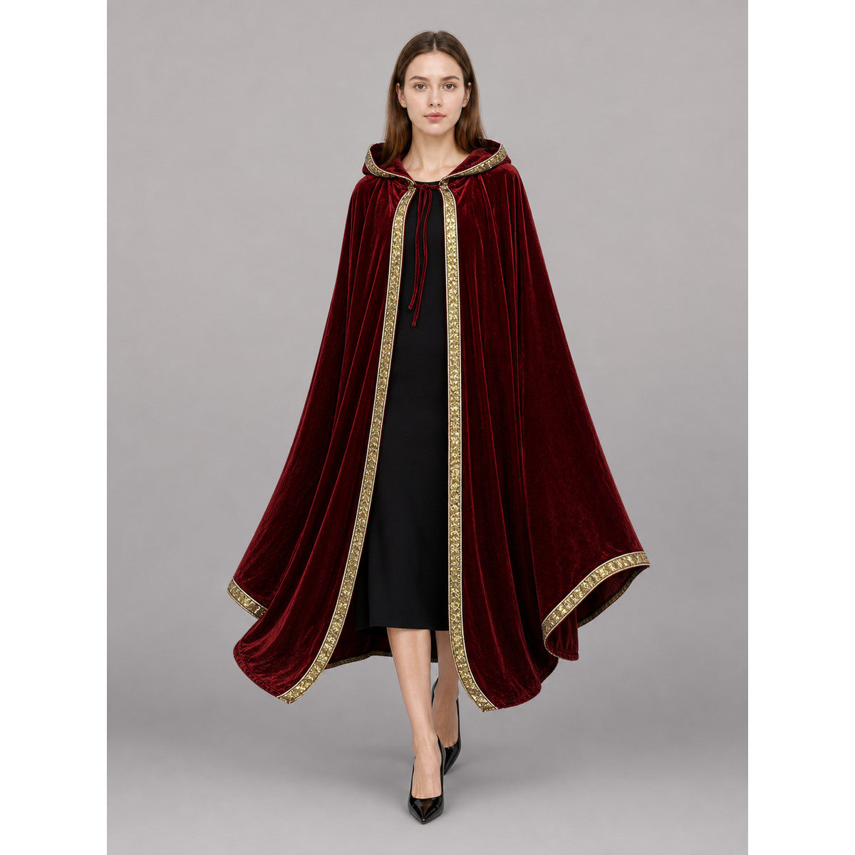 Burgundy Carnival Hooded Cloak front view