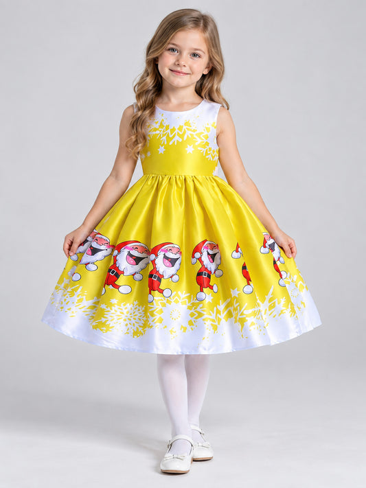 Girls' Dressy Dress with Winter Print and Bow on-model view