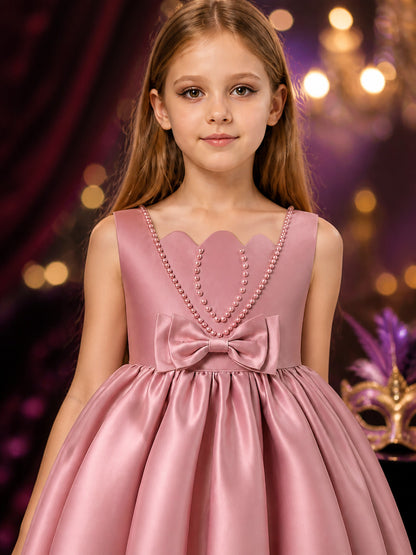 Girls' Dusty Pink Princess Formal Dress, Sleeveless Bow and Pearl Chain Detail on-model view