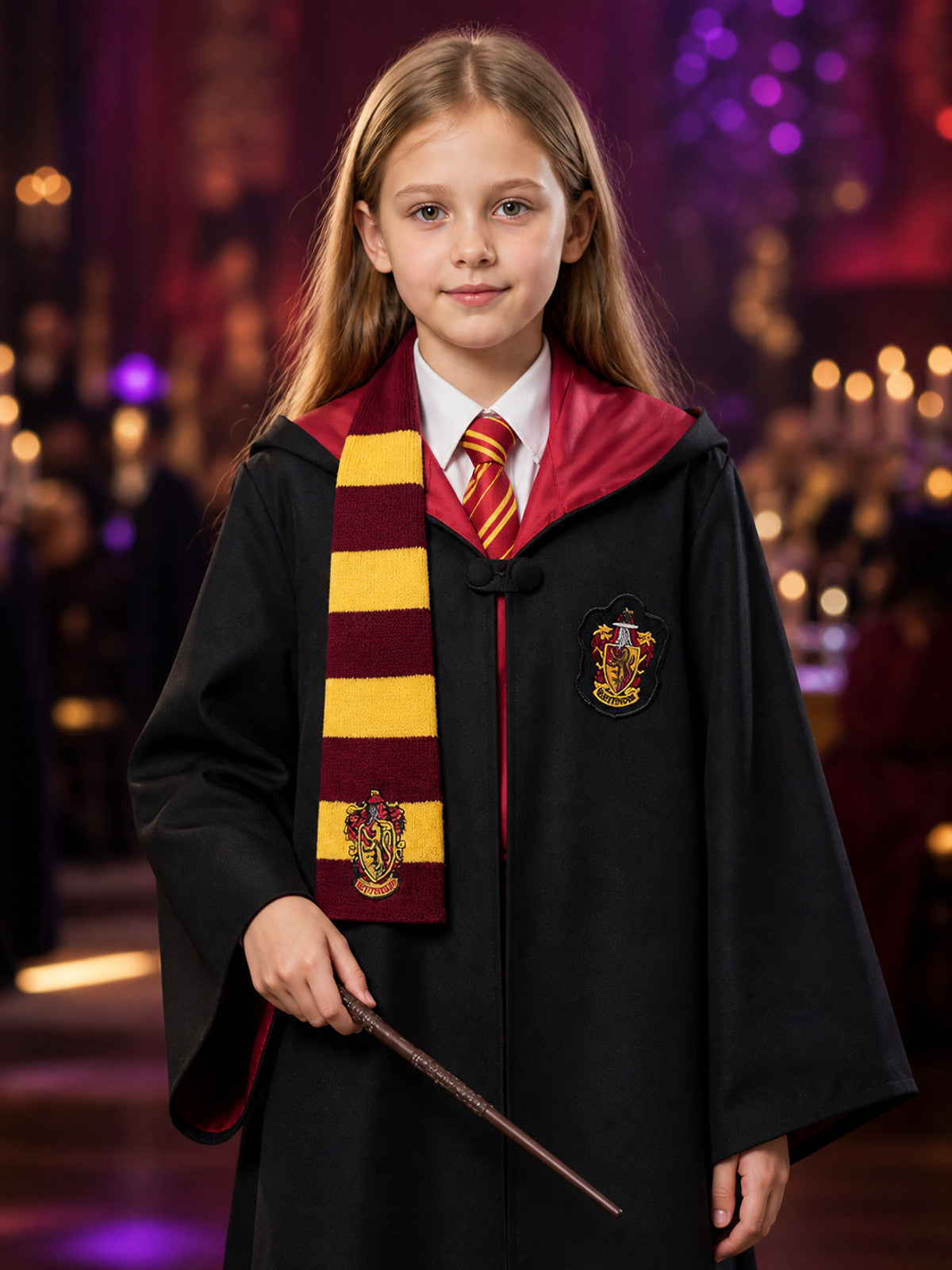 Unisex Wizard Robe Costume Set with Striped Tie and Scarf, Long Sleeve Hooded on-model view