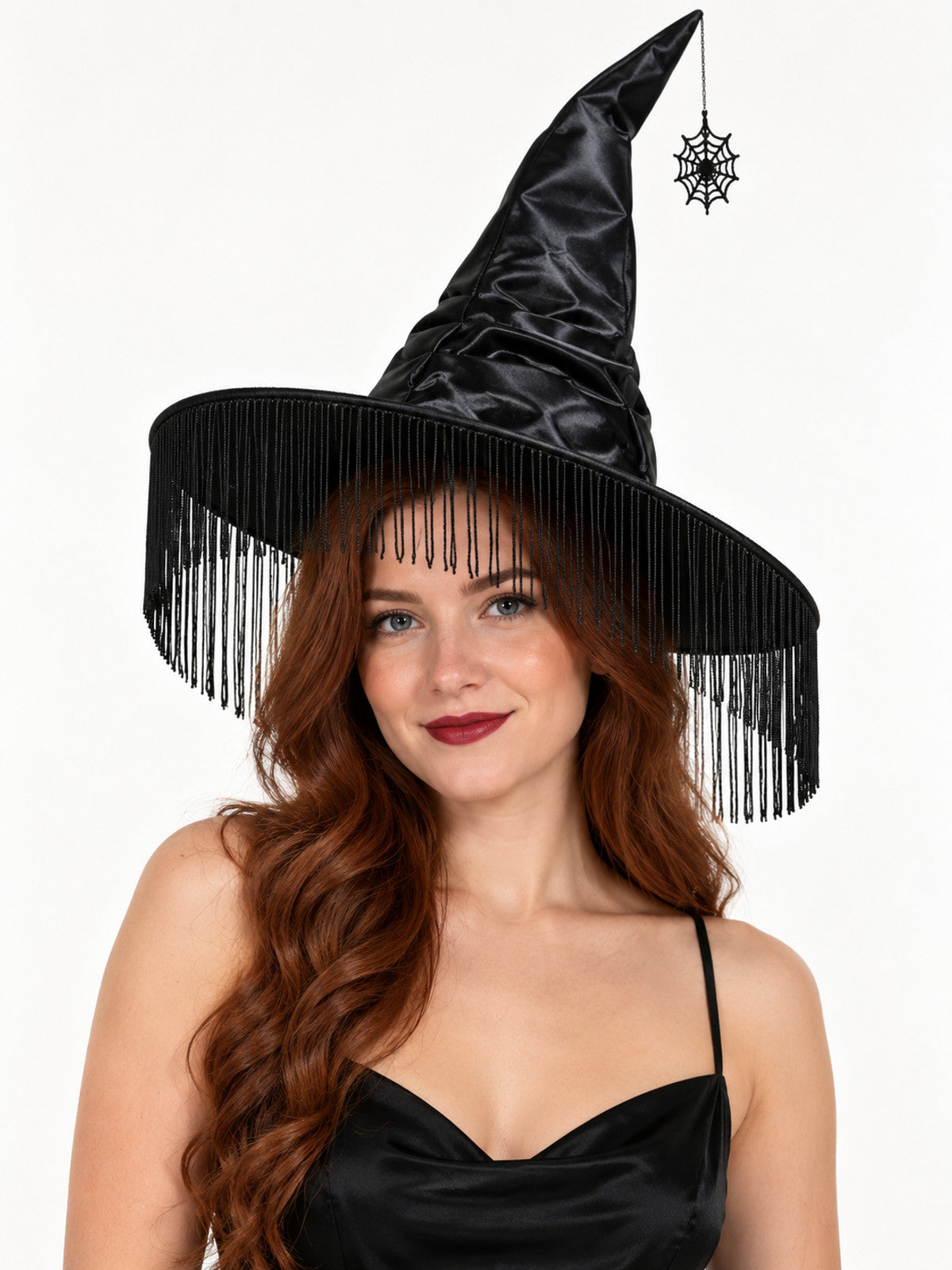 Black Wide-Brim Hat with Fringe and Spiderweb Pendant