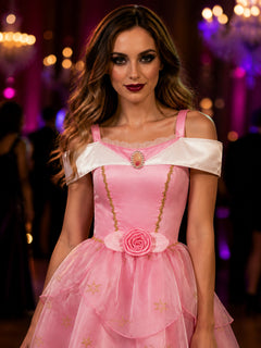Girls Pink Princess Dress with Rose and Gold Embellishments, White Lace Collar