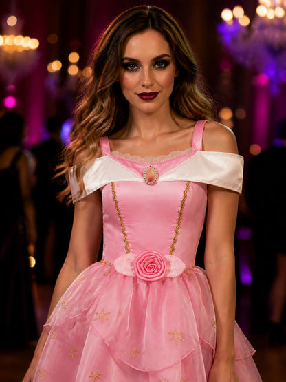 Girls Pink Princess Dress with Rose and Gold Embellishments, White Lace Collar on-model view