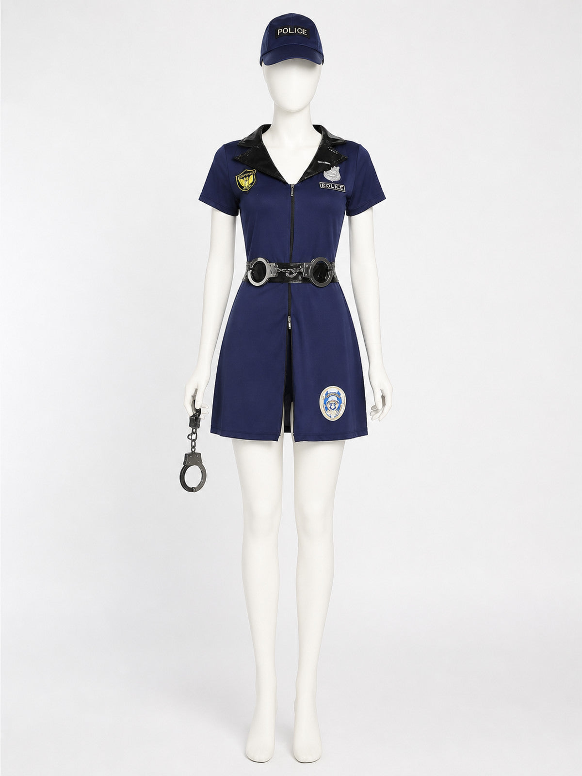 Women's Police Officer Costume Set, Short-Sleeve Jumpsuit With Hat, Belt And on-model view