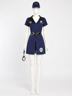Women's Police Officer Costume Set, Short-Sleeve Jumpsuit With Hat, Belt