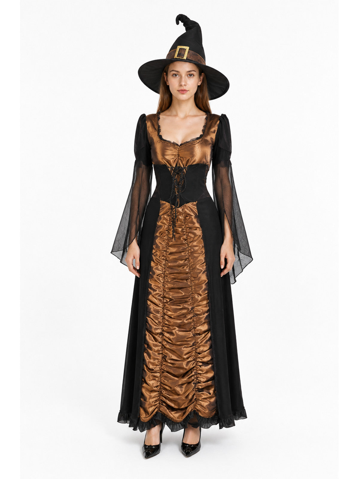 Long Black and Gold Cosplay Dress with Sleeves main product view