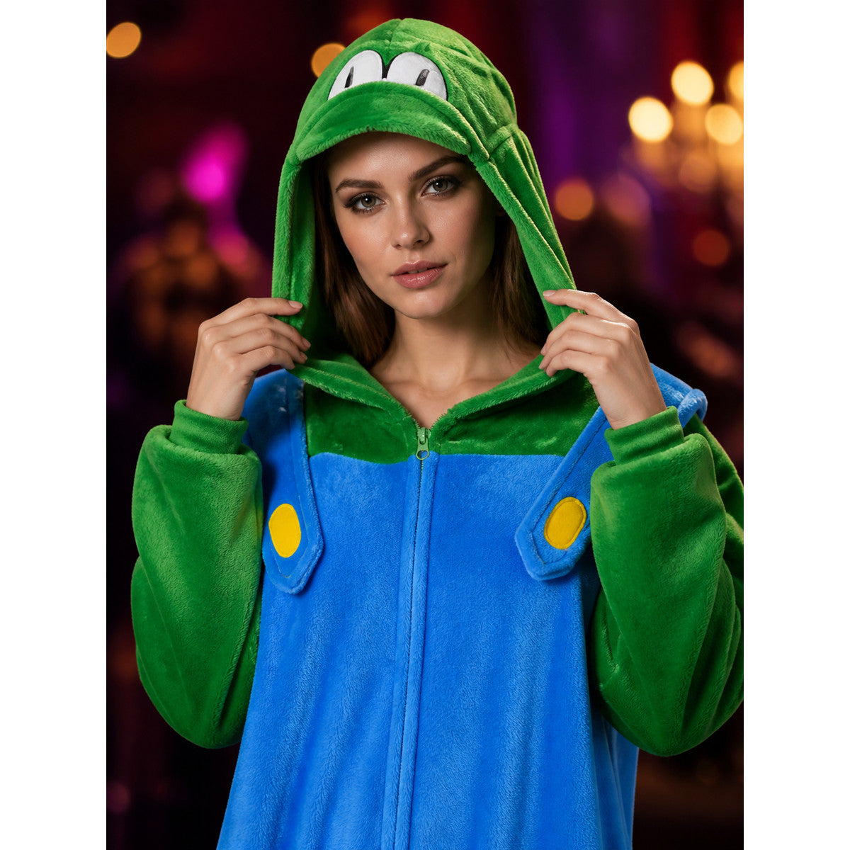 Blue And Green Hooded Cartoon Animal Jumpsuit Costume With Yellow Chest Details on-model view