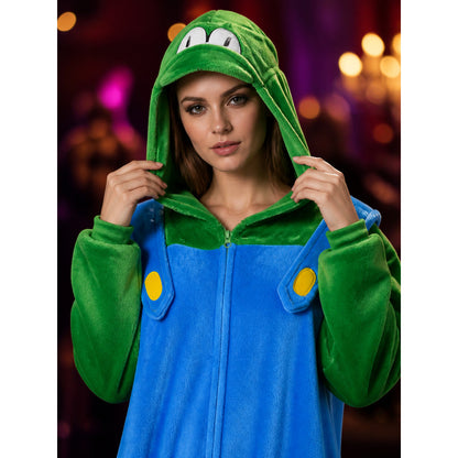 Blue And Green Hooded Cartoon Animal Jumpsuit Costume With Yellow Chest Details on-model view