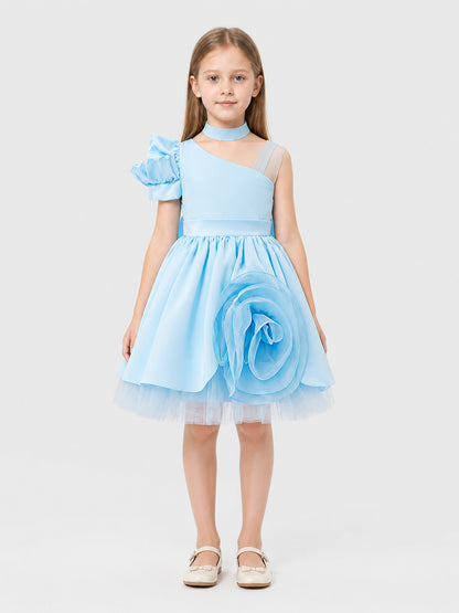 Blue Princess Dress for Girls with Rose and Choker on-model view