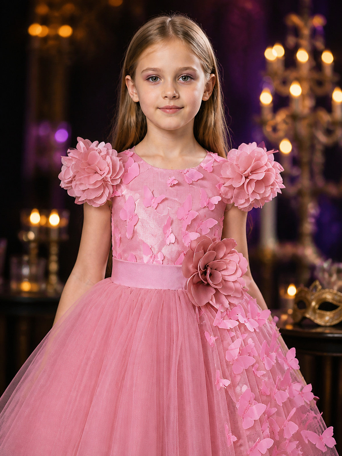 Toddler Girls' Pink Princess Dress, Sleeveless Tulle Party Dress With 3D Flowers on-model view