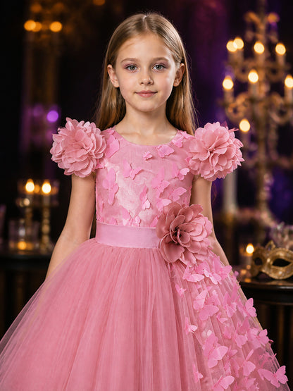 Toddler Girls' Pink Princess Dress, Sleeveless Tulle Party Dress With 3D Flowers on-model view