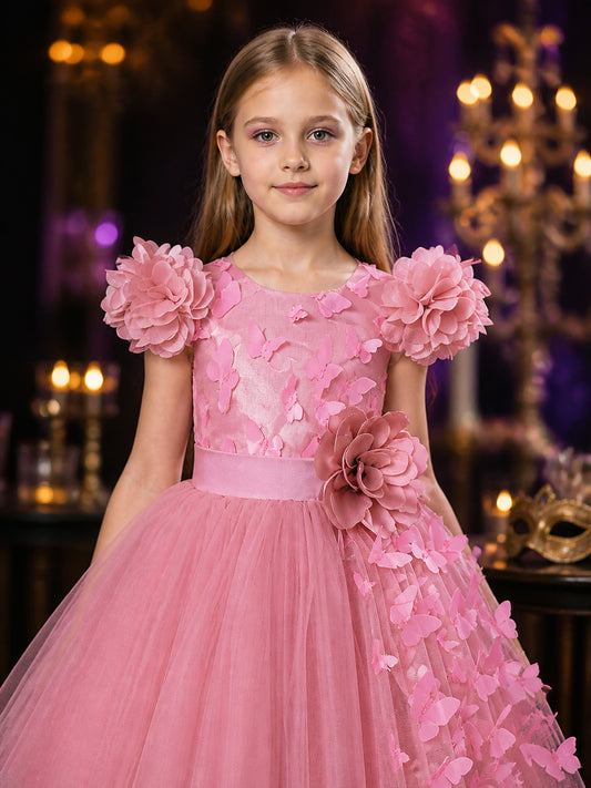 Toddler Girls' Pink Princess Dress, Sleeveless Tulle Party Dress With 3D Flowers on-model view