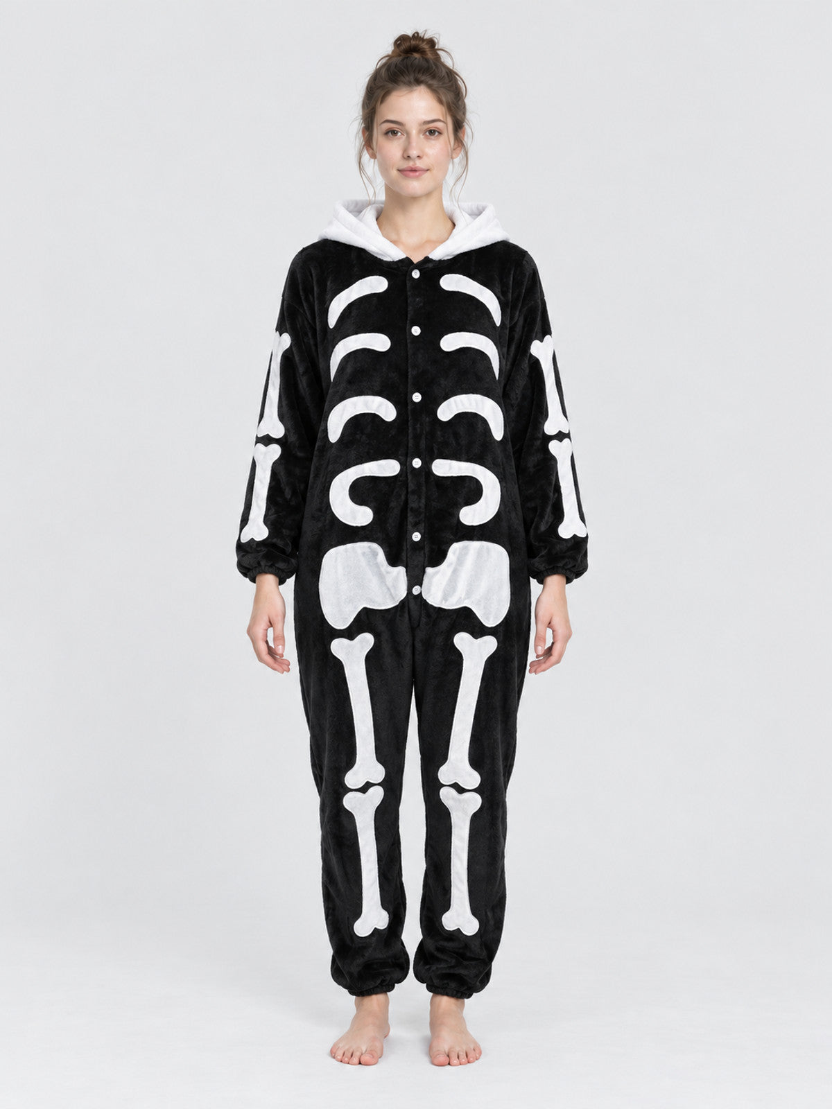 Pajama Jumpsuit with White Hood and Bone Print