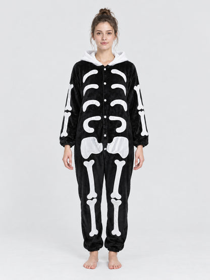 Pajama Jumpsuit with White Hood and Bone Print
