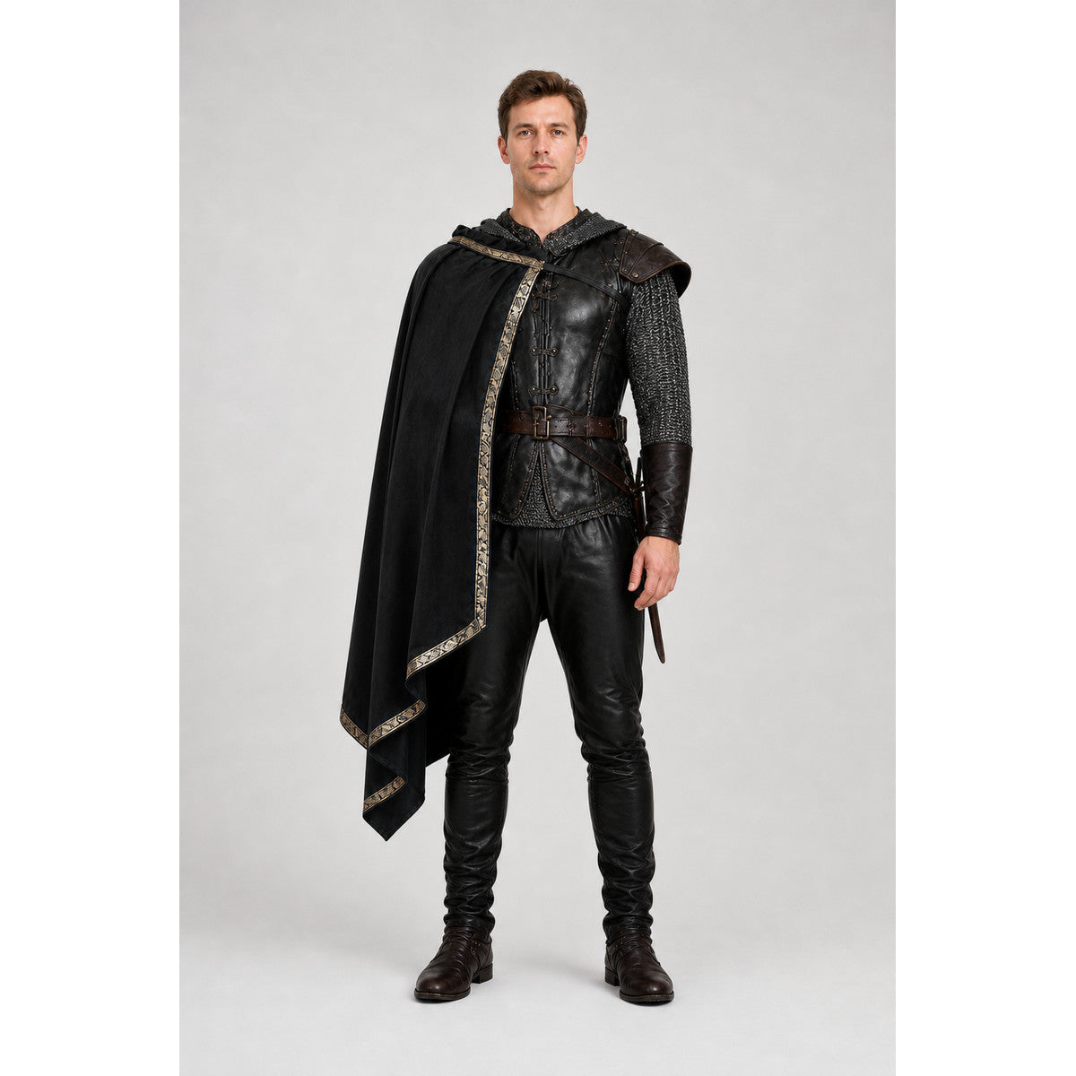 Black knight costume front view: long black cape with gold-tone trim, black leather-style armor vest and hooded chainmail shirt