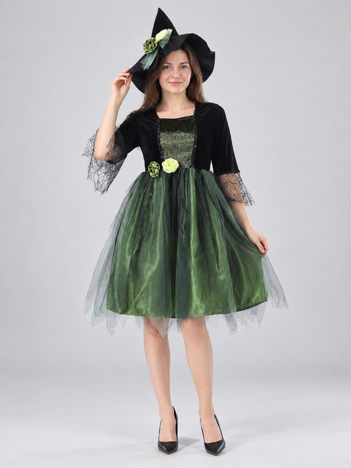 Witch Costume: Dress and Hat, Green with Black