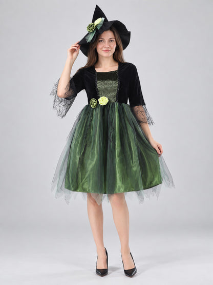 Witch Costume: Dress and Hat, Green with Black