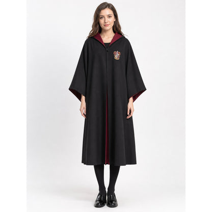 Black wizard cloak with emblem and wand front view