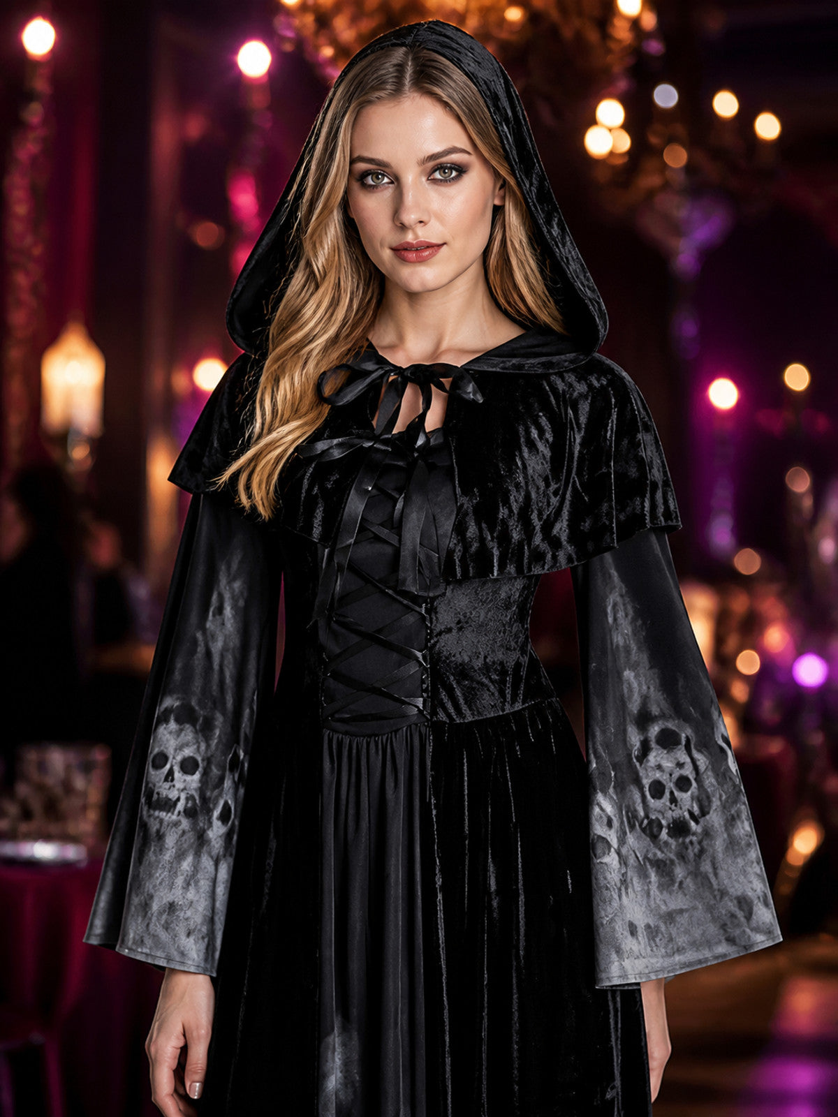 Women's Witch Costume Dress with Hooded Cape and Skull Print Bell Sleeves on-model view