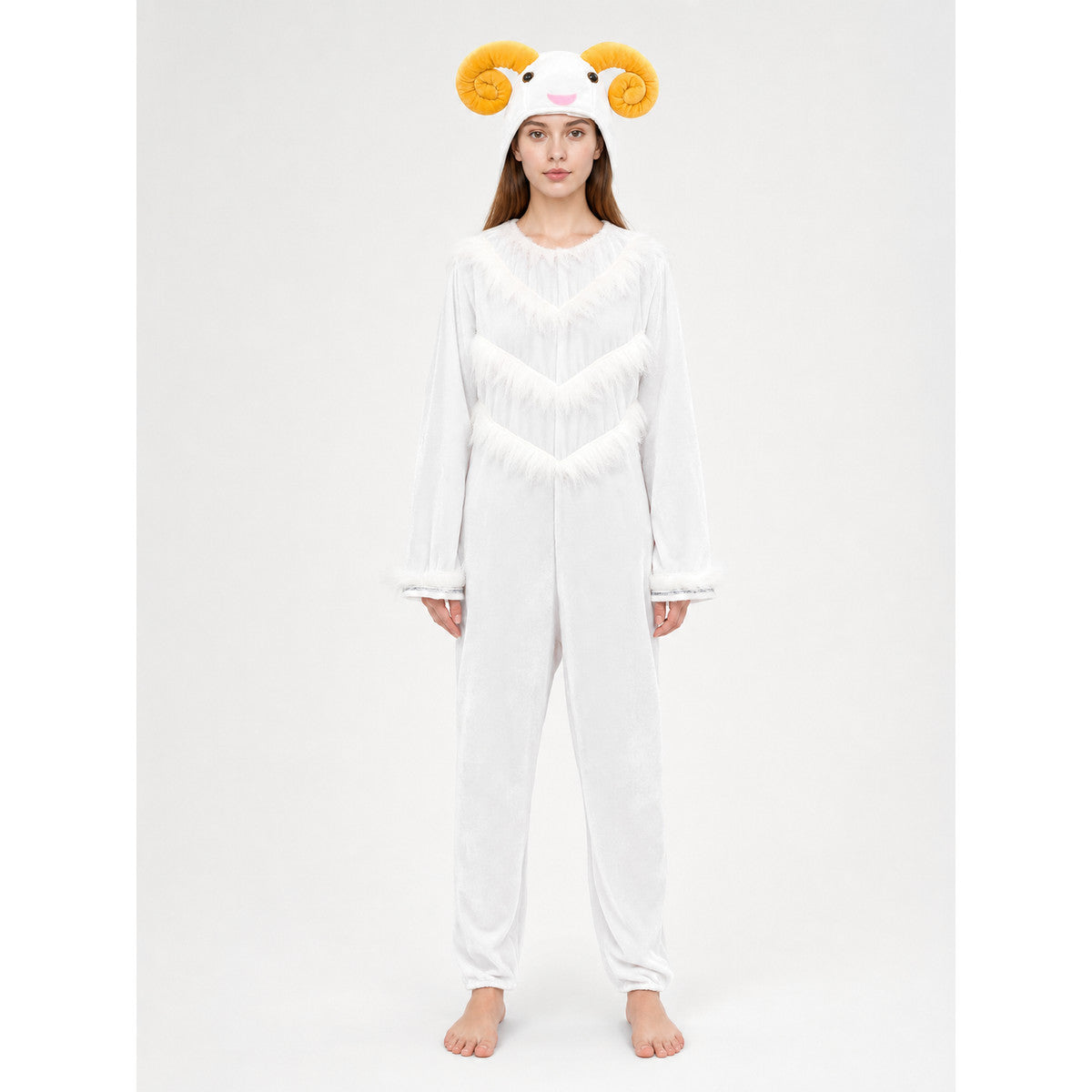 White Animal Costume with Hood and Horns on-model view