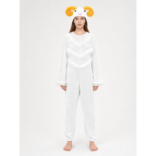 White Animal Costume with Hood and Horns on-model view