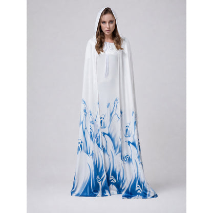 White Long Hooded Robe with Blue Pattern