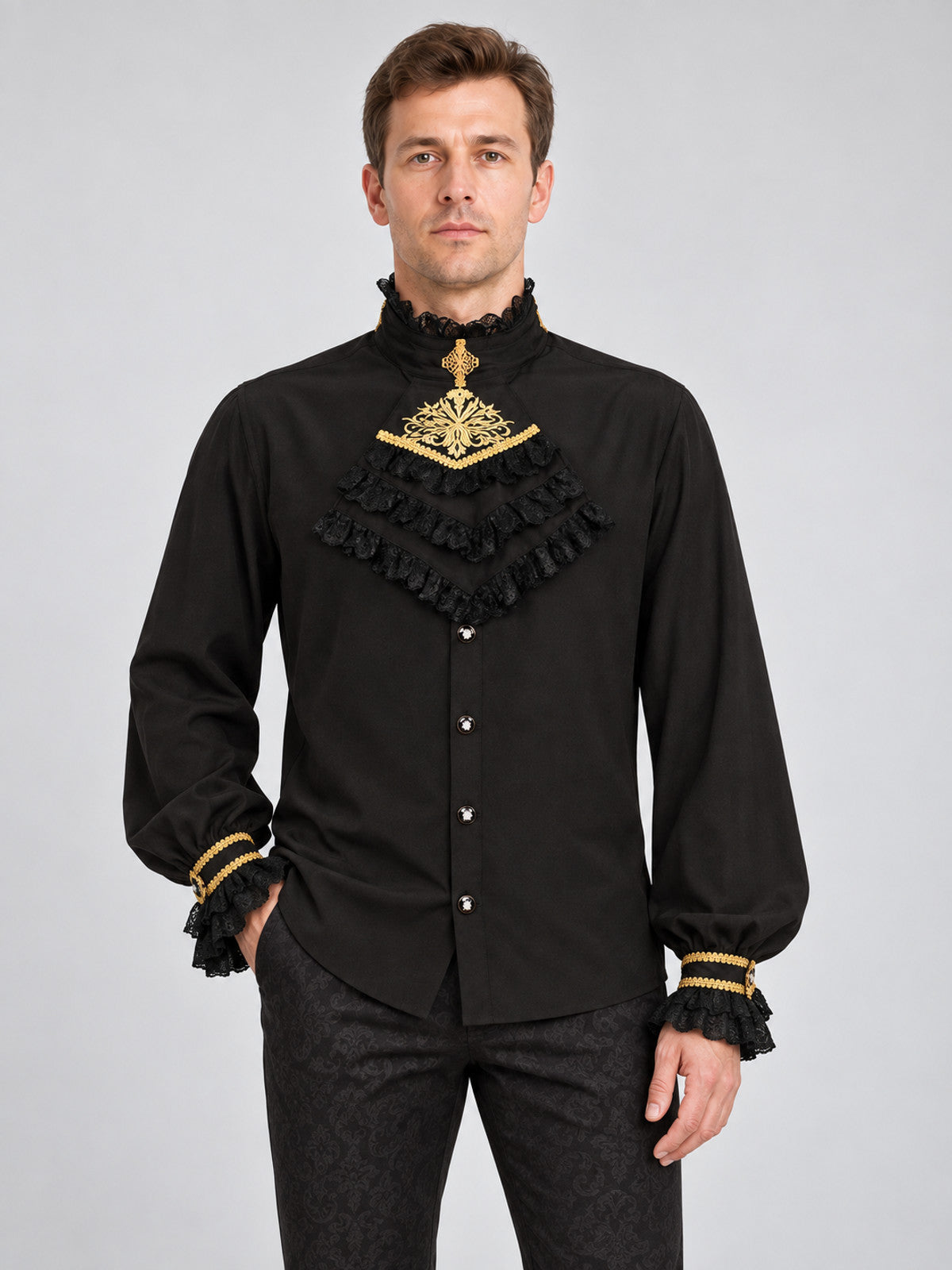 Black Shirt with Lace Ruffles and Gold Embroidery