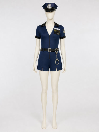 Women's Police Costume Set, Short-Sleeve Uniform with Hat, Belt and Handcuffs on-model view