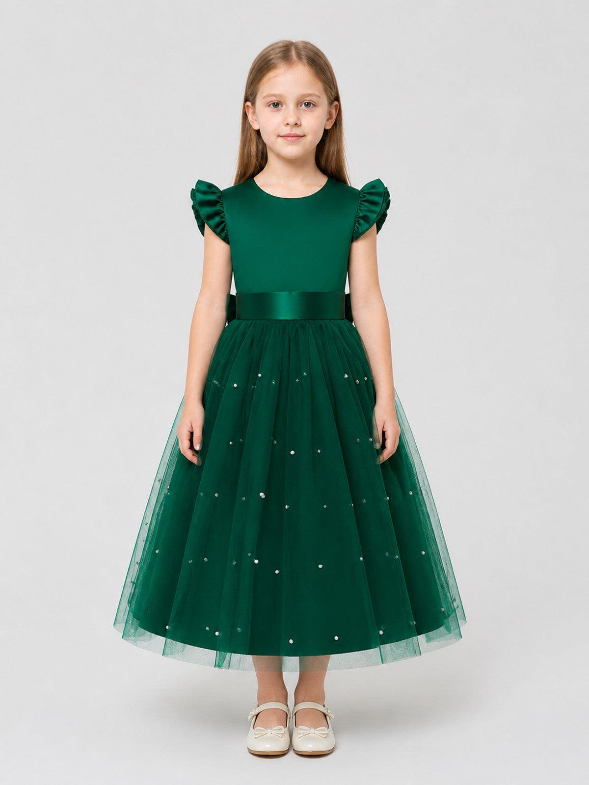 Dark Green Princess Dress with Tulle and Polka Dots on-model view
