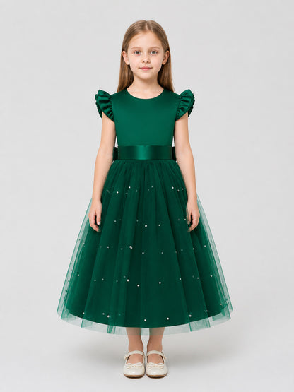 Dark Green Princess Dress with Tulle and Polka Dots on-model view
